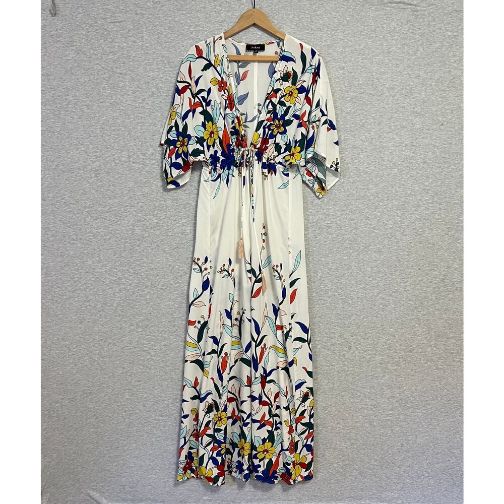 Aakaa Duster Open Maxi Kimono Jacket Womens Small Whit‎ Floral Flowy Tassel Tie
